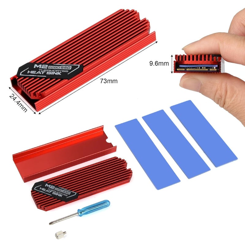 ASTARON M.2 Heatsink 2280 SSD Cooler with Nano Thermal Pads (1mm and 0.5mm) 2280 NVME M2 Thermal Pad Heat Sink for PC/PS5/Gaming Laptops (Red) - Image 2
